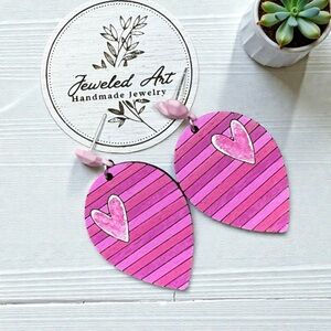 Jeweled Art Hand-Painted Pink Heart and Stripes Teardrop Engraved Wood Earrings